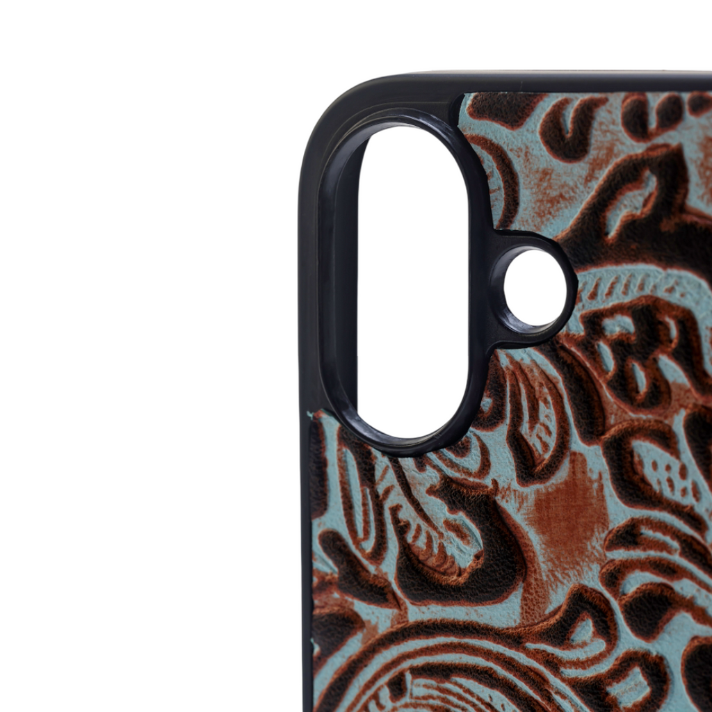Myra Hawk Ridge Phone Case for iPhone 16 with handtooled leather for everyday use