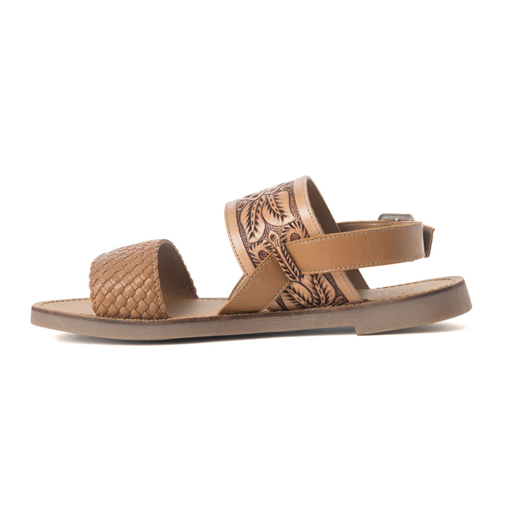 Pinehorn Handtooled Leather Sandals in Oak Brown