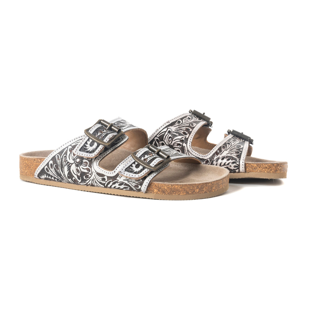 Myra Mesa Scroll Sandals for Women with handtooled leather in brown and white with open toe design