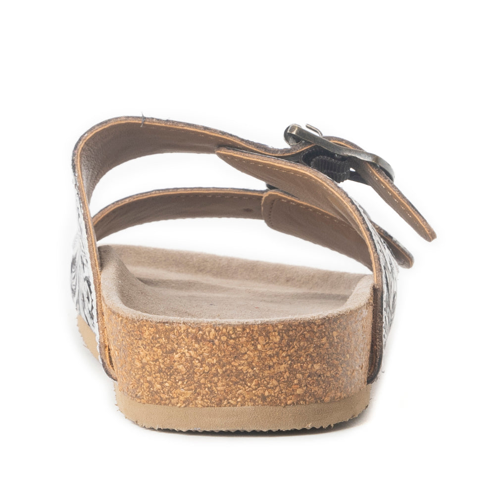 Myra Mesa Scroll Sandals for Women with handtooled leather in brown and white with open toe design