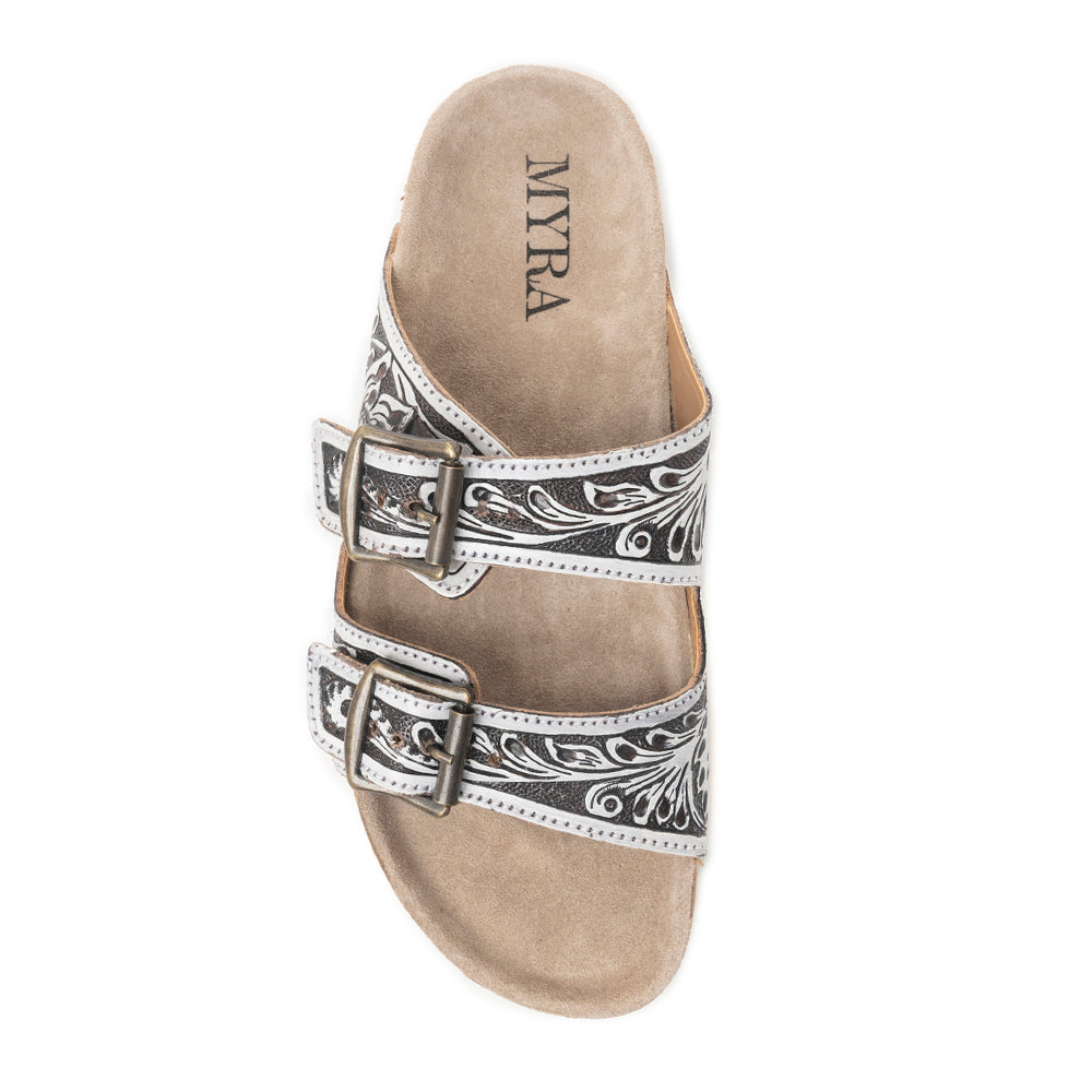 Myra Mesa Scroll Sandals for Women with handtooled leather in brown and white with open toe design