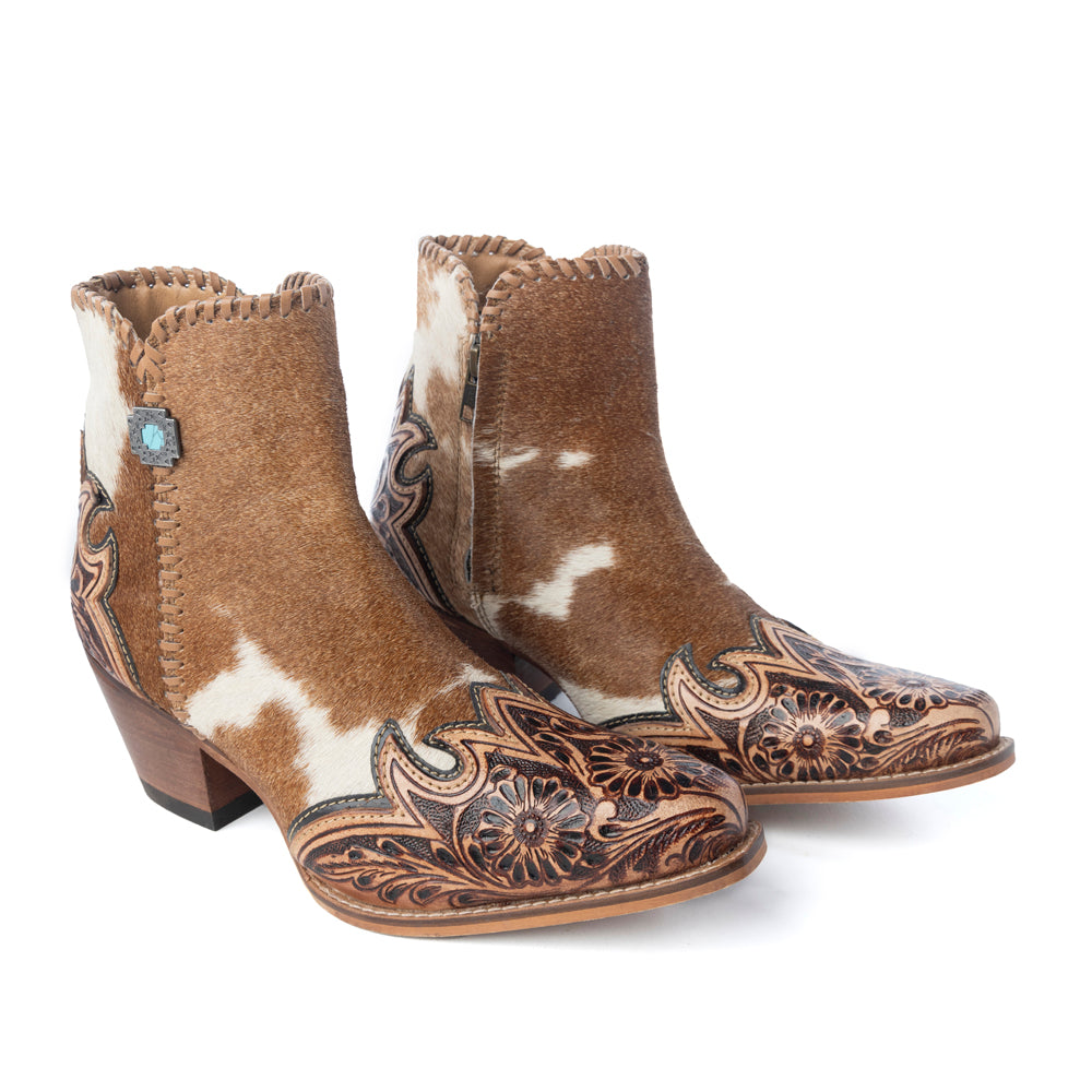 Myra Mesa Hideaway Booties for Women with genuine hairon hide in carame and easy slip on design