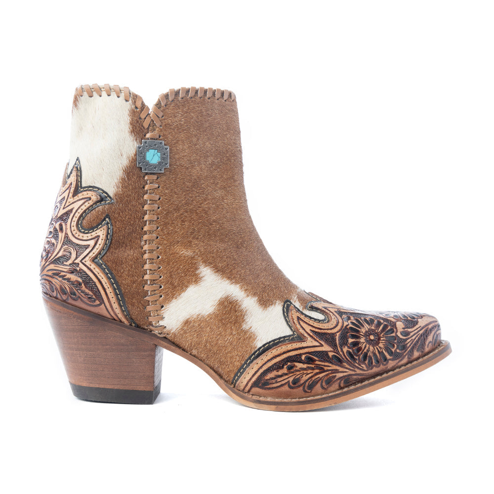 Myra Mesa Hideaway Booties for Women with genuine hairon hide in carame and easy slip on design