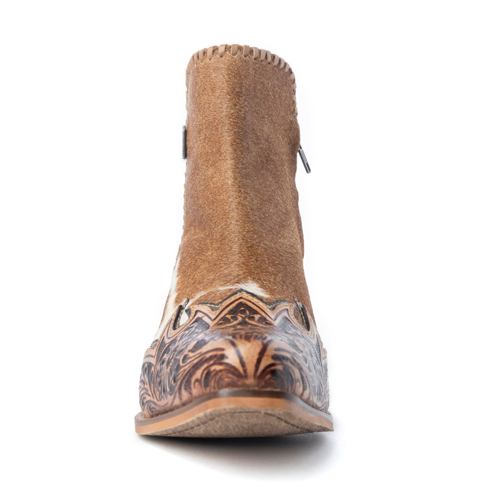 Myra Mesa Hideaway Booties for Women with genuine hairon hide in carame and easy slip on design