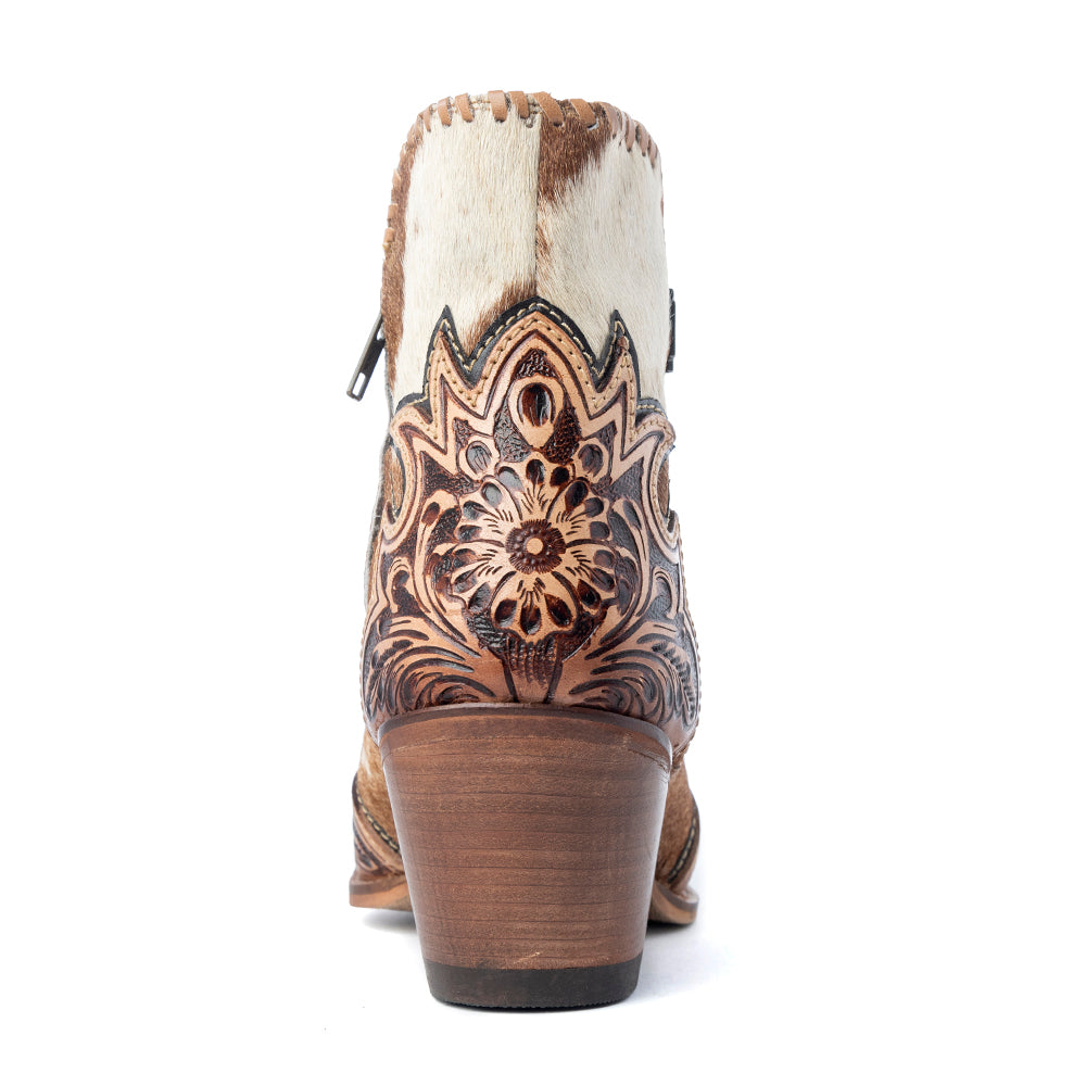 Myra Mesa Hideaway Booties for Women with genuine hairon hide in carame and easy slip on design