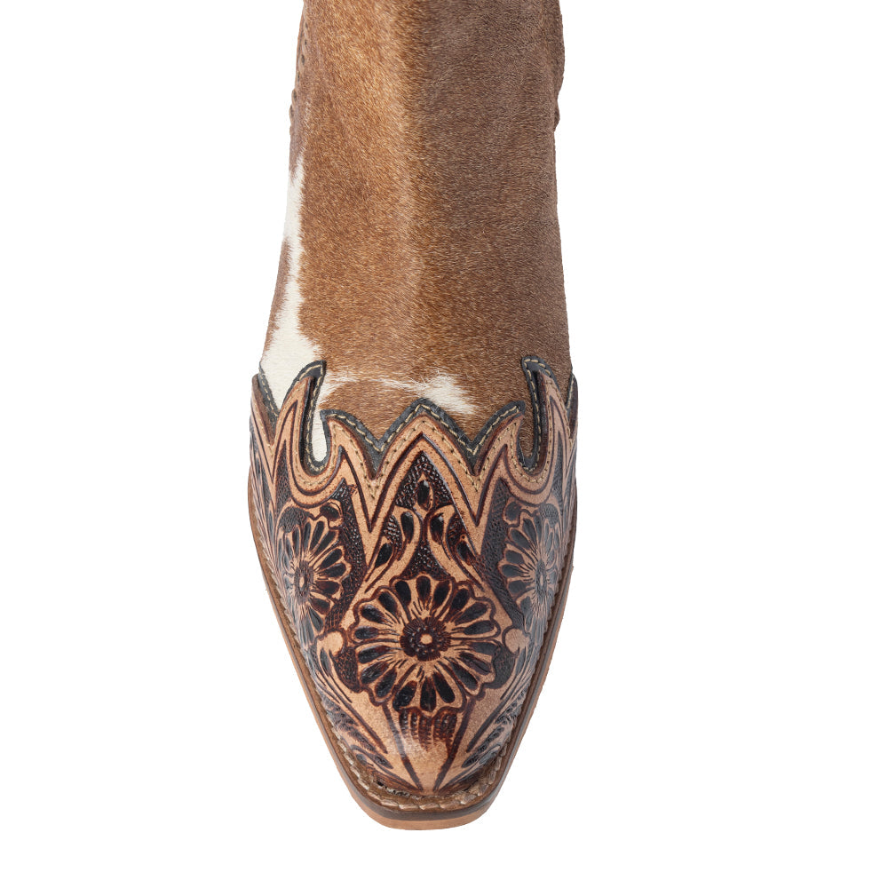 Myra Mesa Hideaway Booties for Women with genuine hairon hide in carame and easy slip on design
