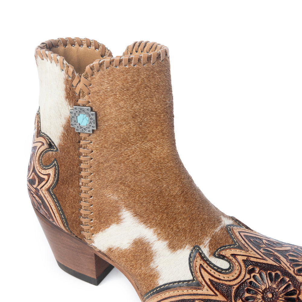 Myra Mesa Hideaway Booties for Women with genuine hairon hide in carame and easy slip on design