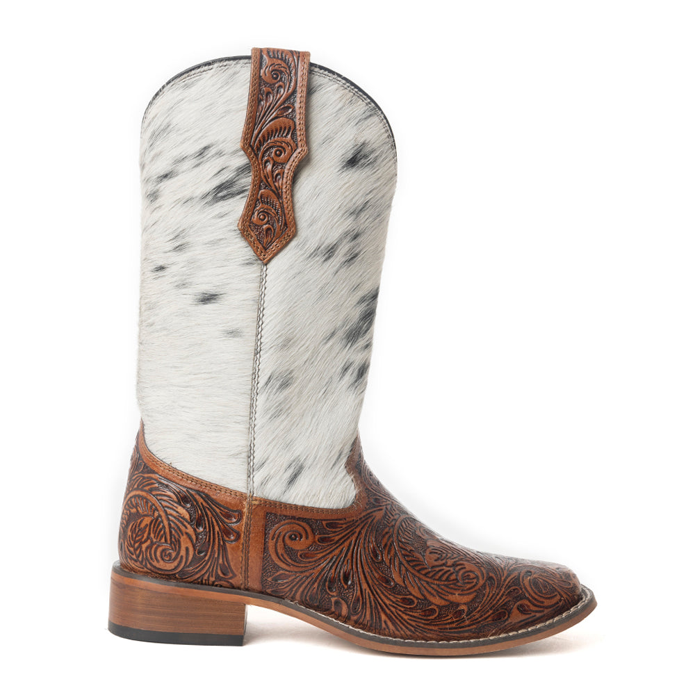 Savanna Handtooled Leather Boots in Black & White