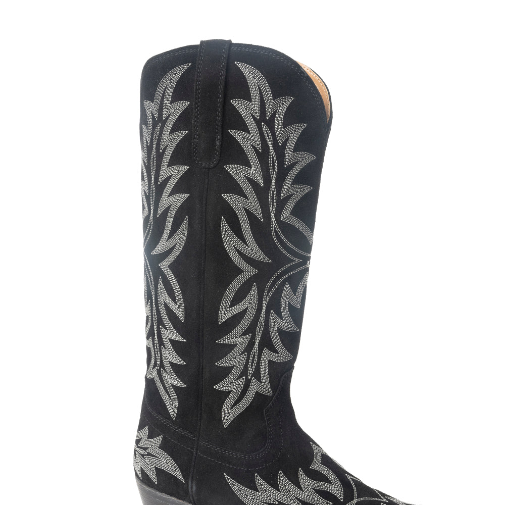 Midnight Trail Embroidered Leather Boots in Shadow Black