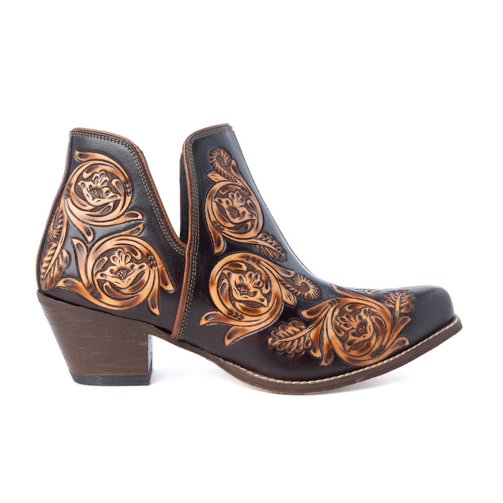 Bronzed Western Leather Art Booties in Brown