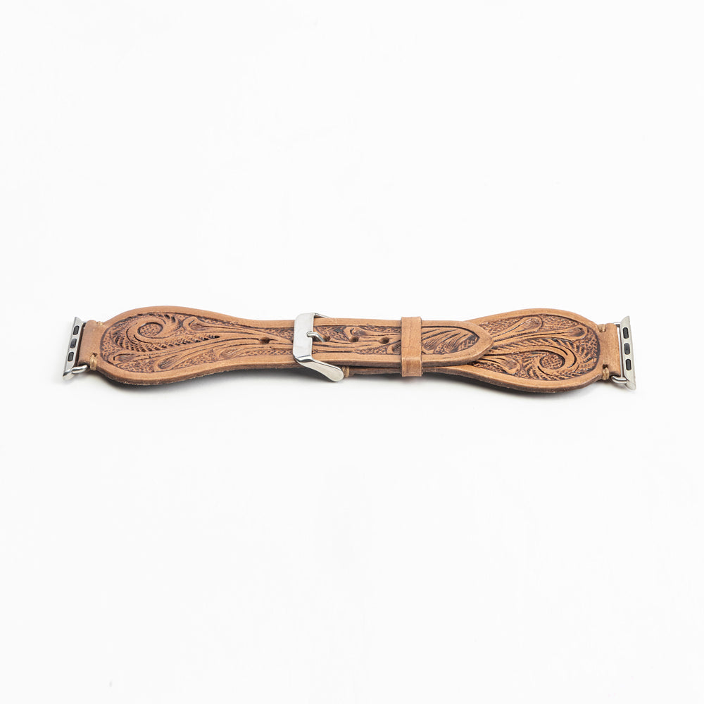 Lone Star Handtooled Leather Watch Band in Light Saddle Tan