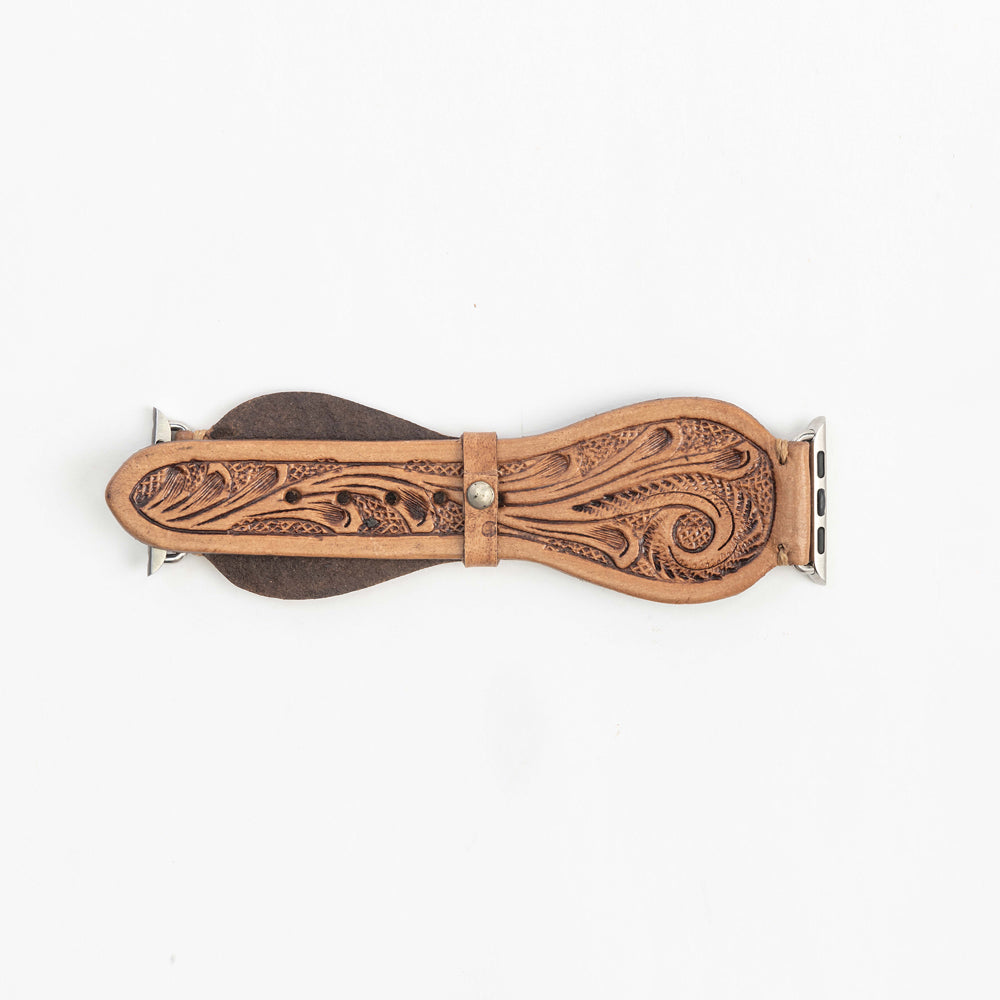 Lone Star Handtooled Leather Watch Band in Light Saddle Tan
