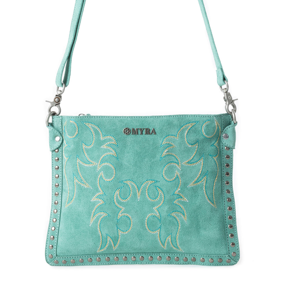 Myra Texas Rose Leather Bag for Women with genuine leather in turquoise with western embroidered detail