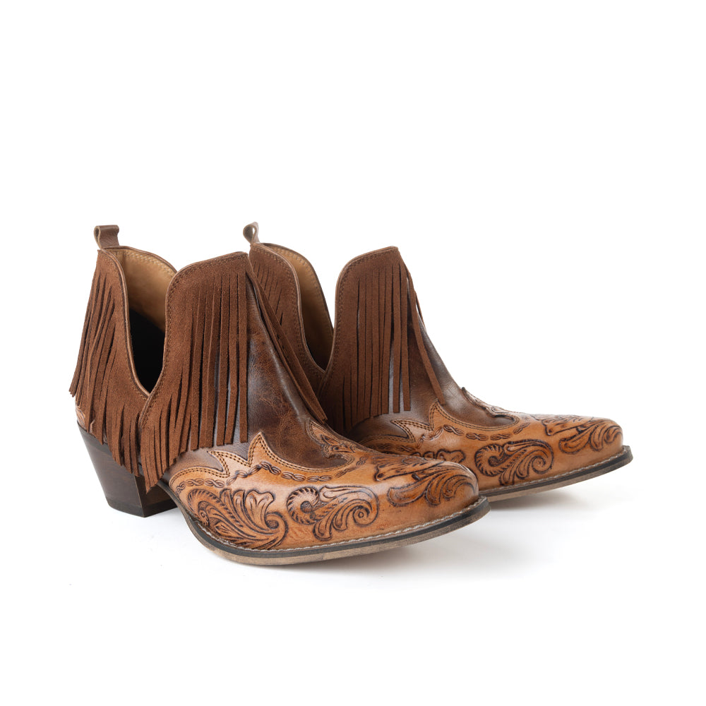 Myra Wild Ember Fringed Handtooled Leather Booties in Golden Rust