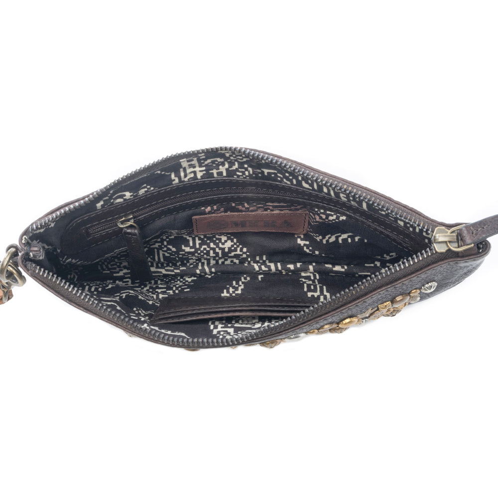 Myra Gold Halo Studded Wash Leather Pouch in Antique Black