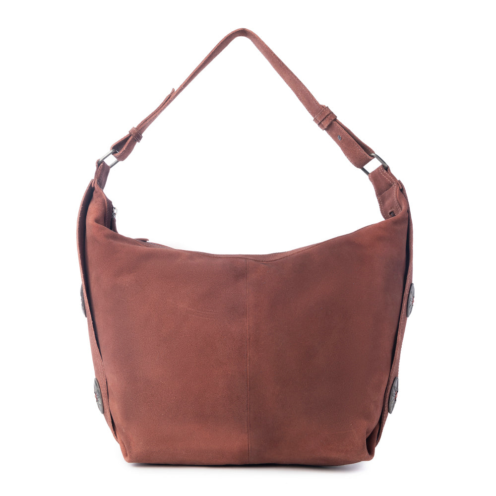 Myra Paradise Valley Suede Leather Shoulder Bag in Auburn Brown