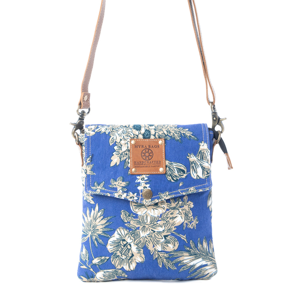 Myra Azure Bloom Crossbody Bag for Women with upcycled canvas and leather in willow blue