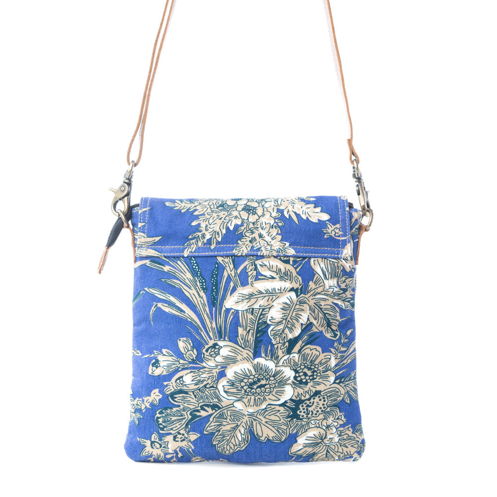 Myra Azure Bloom Crossbody Bag for Women with upcycled canvas and leather in willow blue