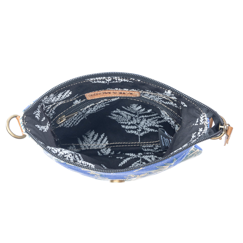 Myra Azure Bloom Crossbody Bag for Women with upcycled canvas and leather in willow blue