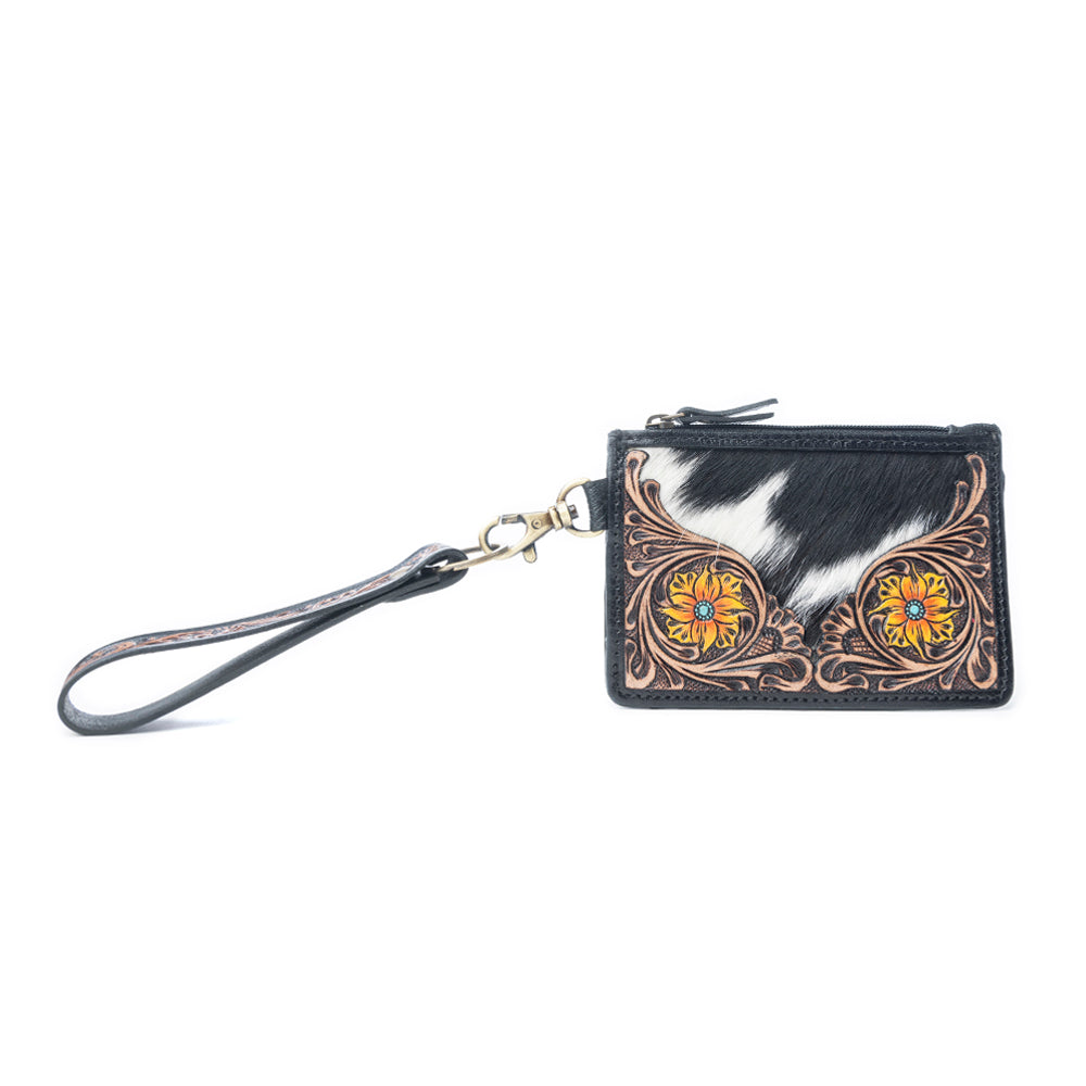 Myra Wildflower Mesa Handtooled Hairon Leather Card Holder In Prairie Amber