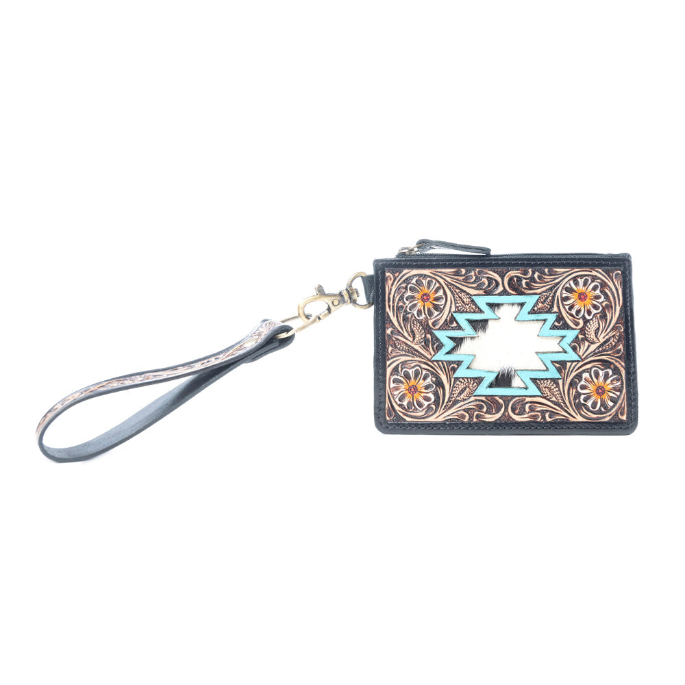 Myra Navajo Sky Handtooled Hairon Leather Card Holder in Antique Brown
