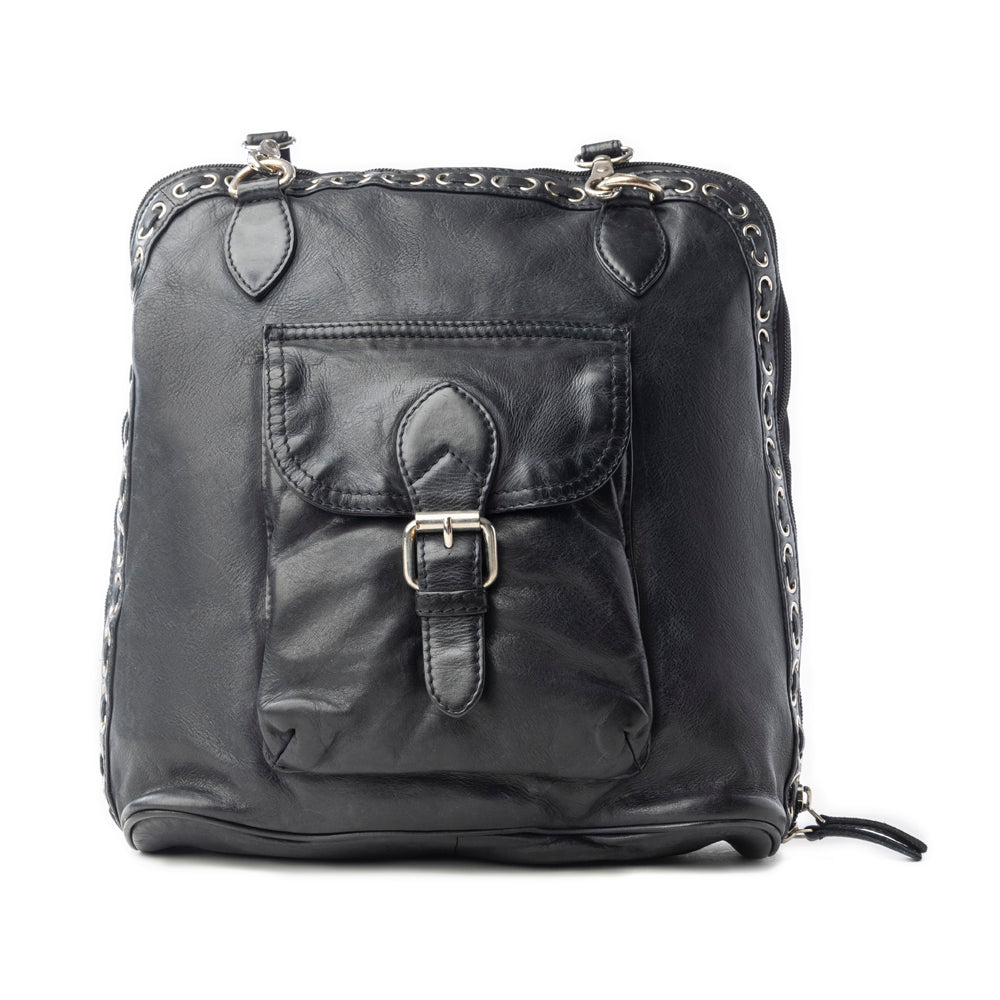 Myra Stormrider Buckled Genuine Leather Bag in Shadow Black