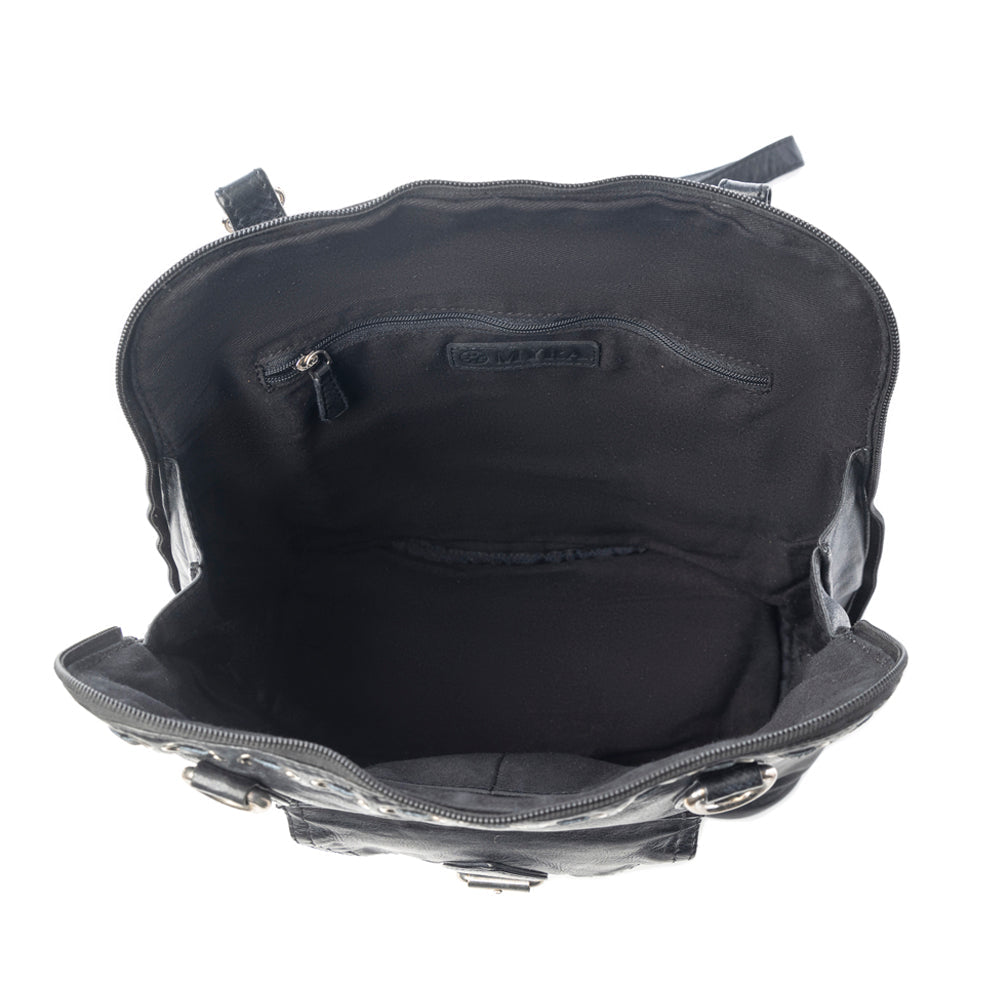 Myra Stormrider Buckled Genuine Leather Bag in Shadow Black