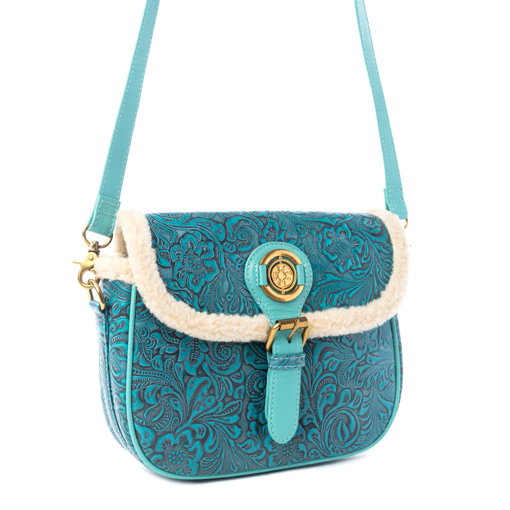 Myra Turquesa Rose Embossed Leather Crossbody Bag with Fur Accent in Cactus Bloom