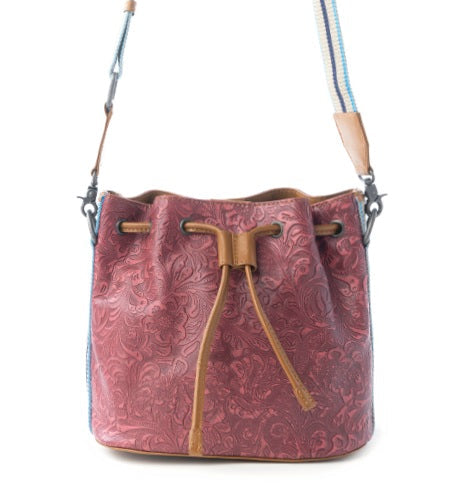 Myra Emberlace Embossed Leather Bucket Bag in Berry Rouge