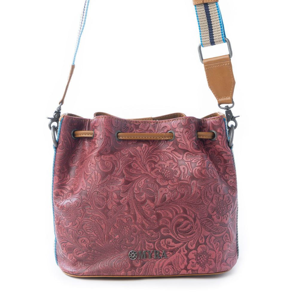 Myra Emberlace Embossed Leather Bucket Bag in Berry Rouge