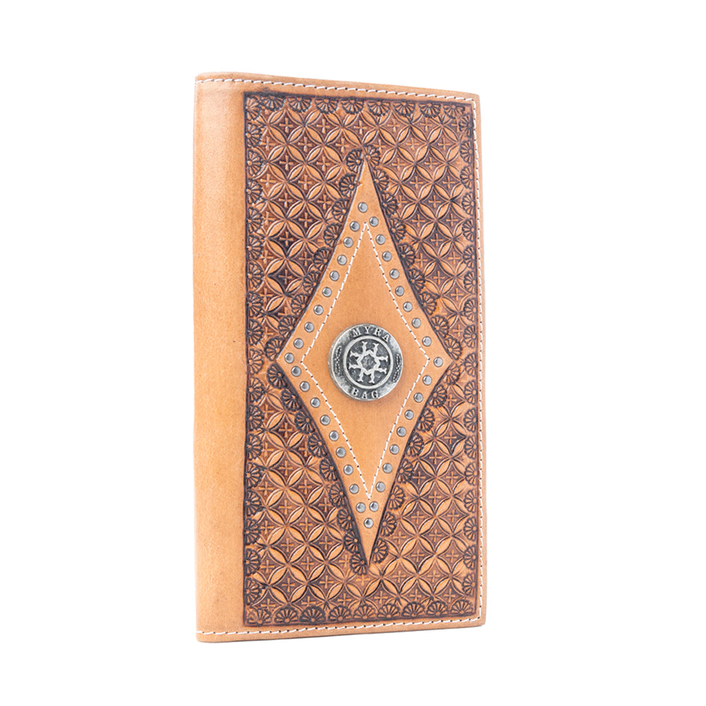 Myra Nomad's Emblem Handtooled Leather Wallet for Men in Walnut Emboss