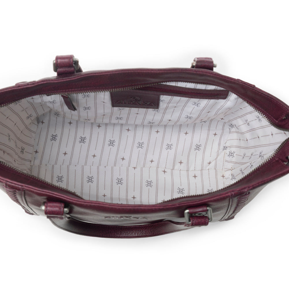 Myra Zidana Arista Bloom Veg Tanned Leather Handbag in Noire Berry
