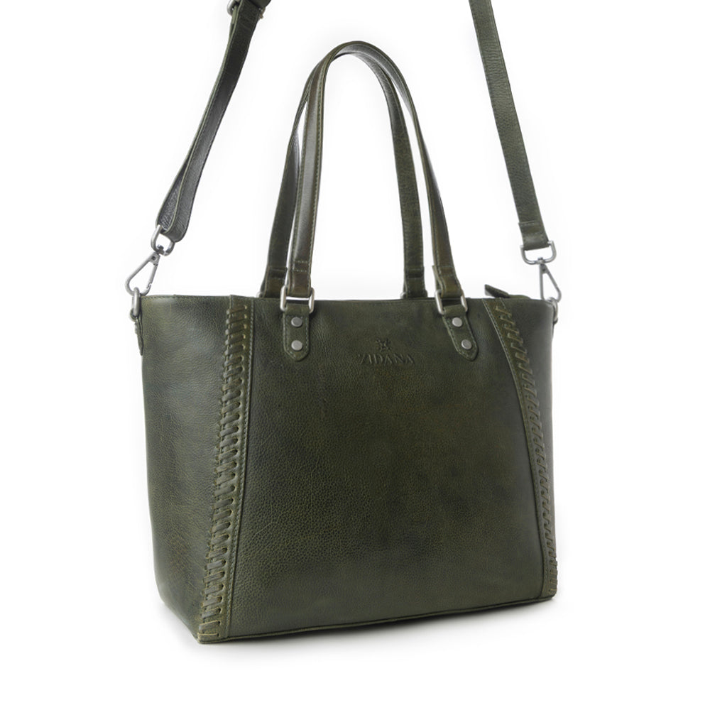 Myra Zidana Arista Bloom Veg Tanned Leather Handbag in Smoky Green