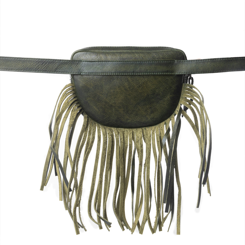 Myra Zidana Stormy Trails Fringed Veg Tanned Leather Bag in Dusty Pine
