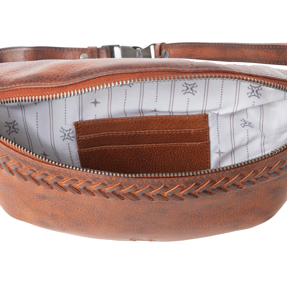 Myra Zidana Amarillo Handstitched Veg Tanned Leather Fanny Pack in Crimson Storm