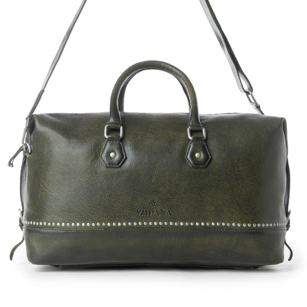Myra Zidana Sundown Plains Veg Tanned Leather Traveller Bag in Sage Green