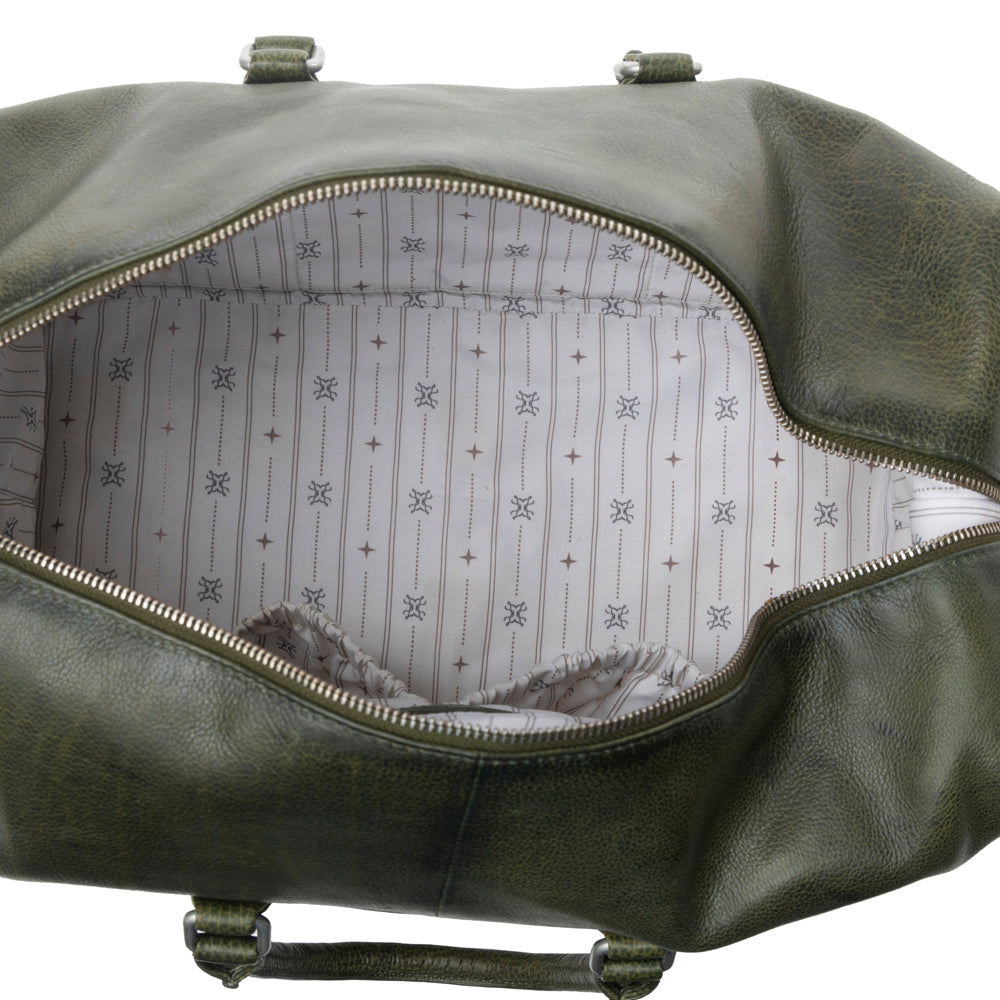 Myra Zidana Sundown Plains Veg Tanned Leather Traveller Bag in Sage Green
