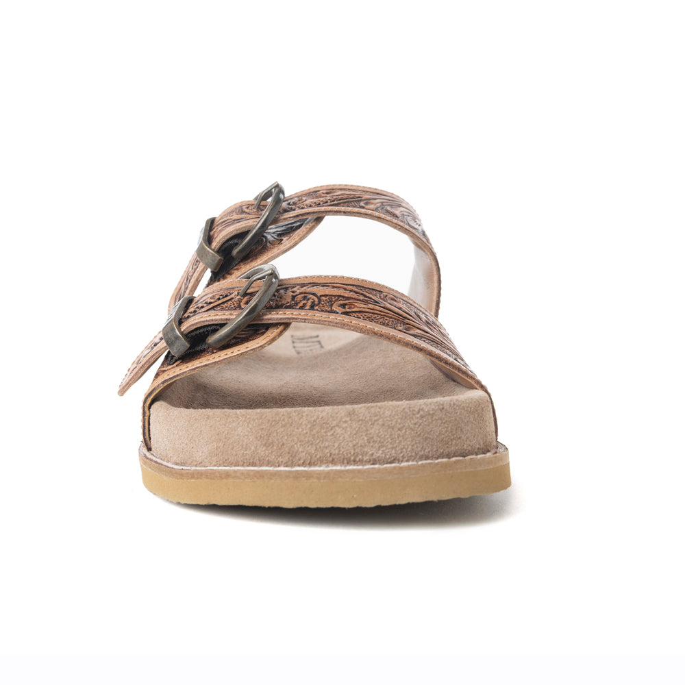 Myra Willow Bloom Handtooled Leather Sandals in Ashen Brown