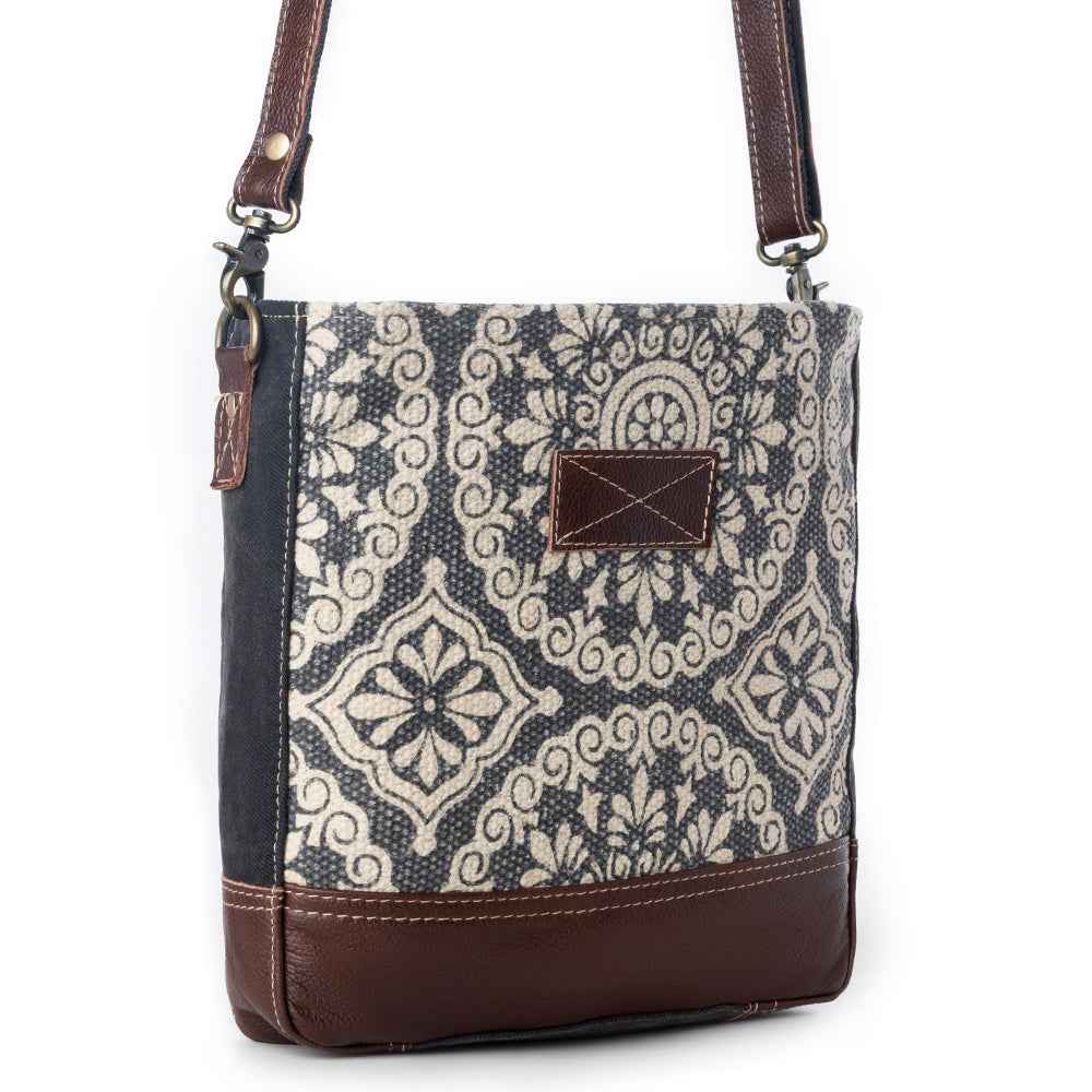 Myra Freaky Leather Shoulder Bag - Tribal Floral Print with Leather Trim for Everyday Bohemian Chic