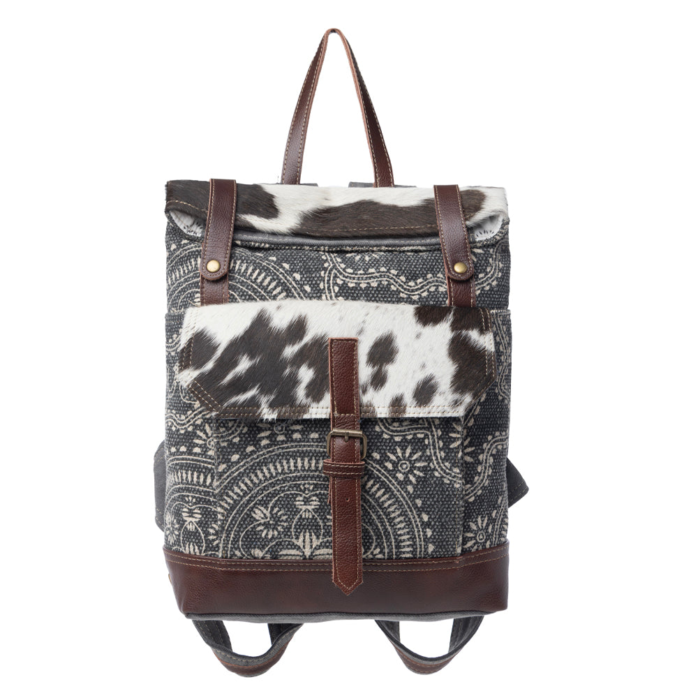 Myra Vibe with Me Backpack Bag for Women with upcycled canvas in mandala print with leather straps