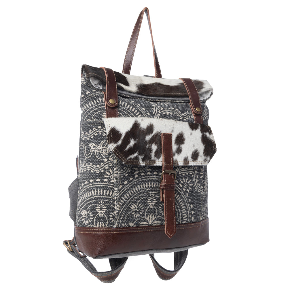 Myra Vibe with Me Backpack Bag for Women with upcycled canvas in mandala print with leather straps