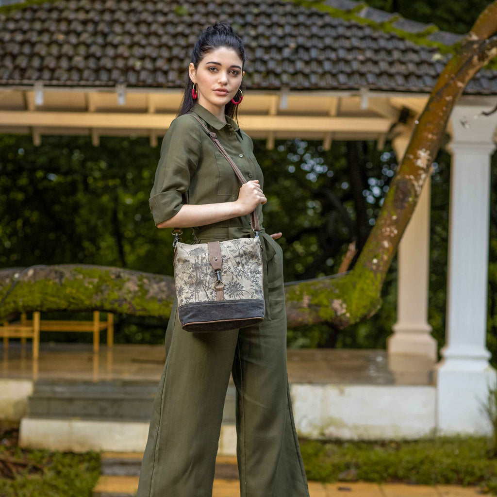 Myra Debonair Shoulder Bag for Women with upcycled canvas  in floral print with adjustable leather straps