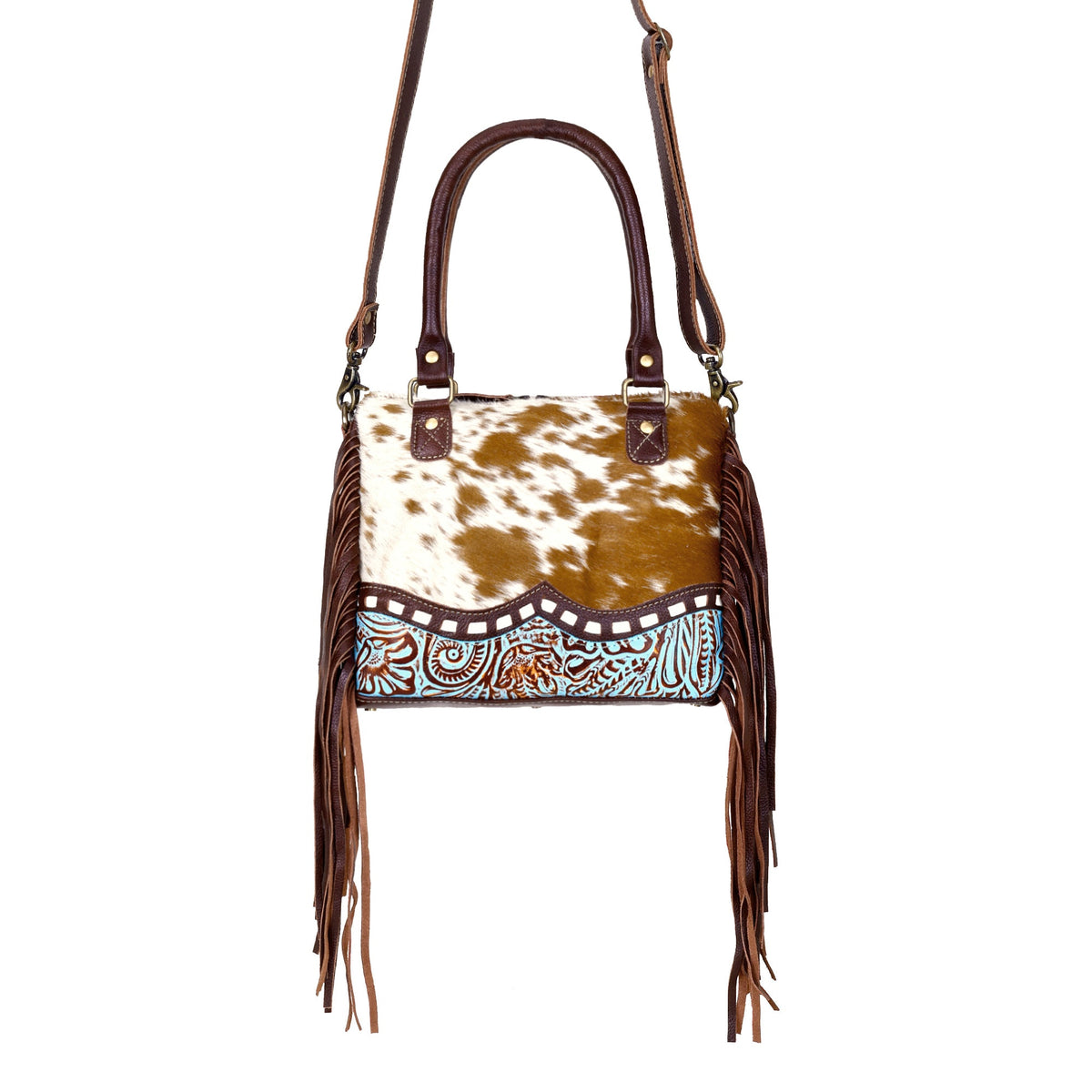 Myra Brown Freckles Concealed Carry Bag Hairon Leather with Fringe Detail and Tooled Trim, Dual Carry Western Tote