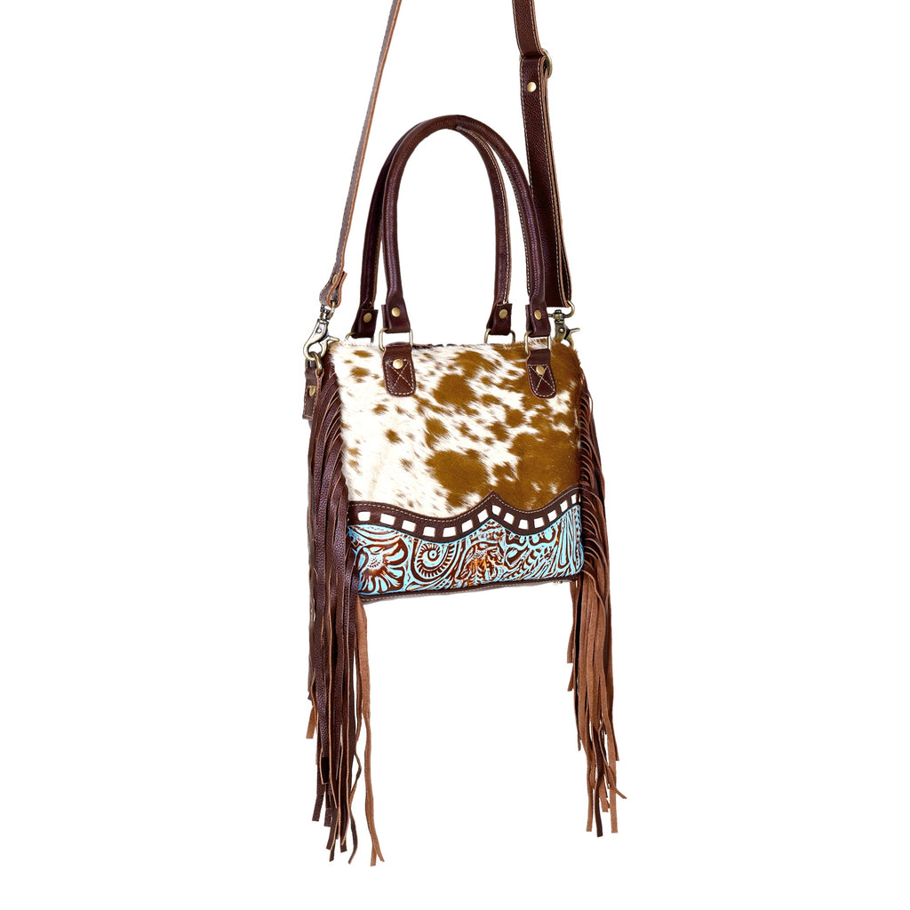 Myra Brown Freckles Concealed Carry Bag Hairon Leather with Fringe Detail and Tooled Trim, Dual Carry Western Tote