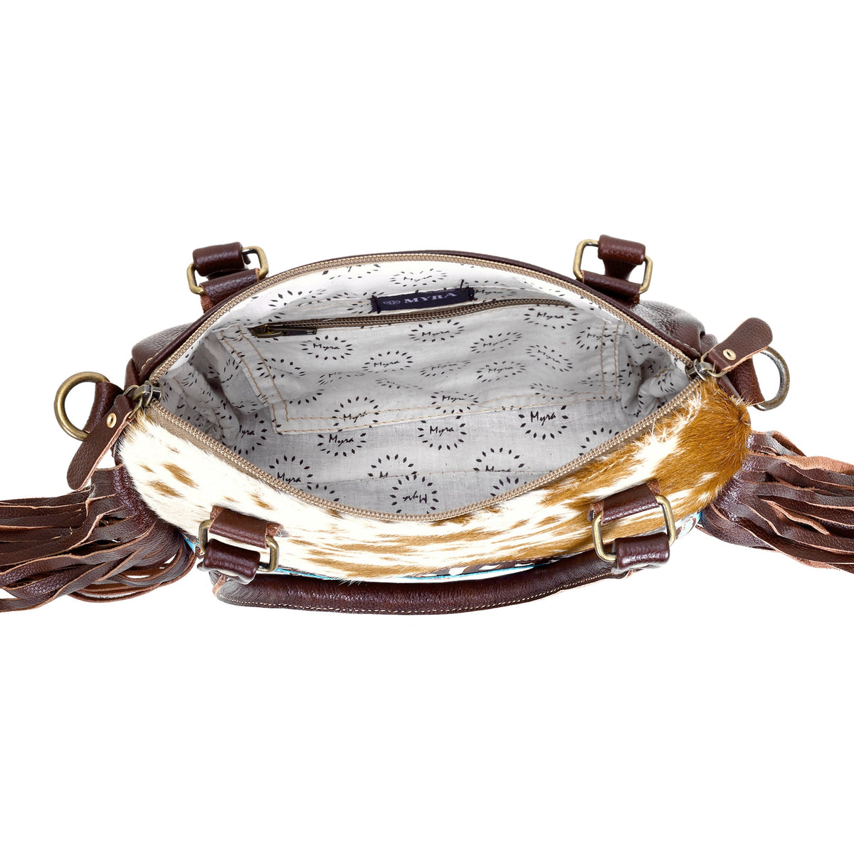 Myra Brown Freckles Concealed Carry Bag Hairon Leather with Fringe Detail and Tooled Trim, Dual Carry Western Tote