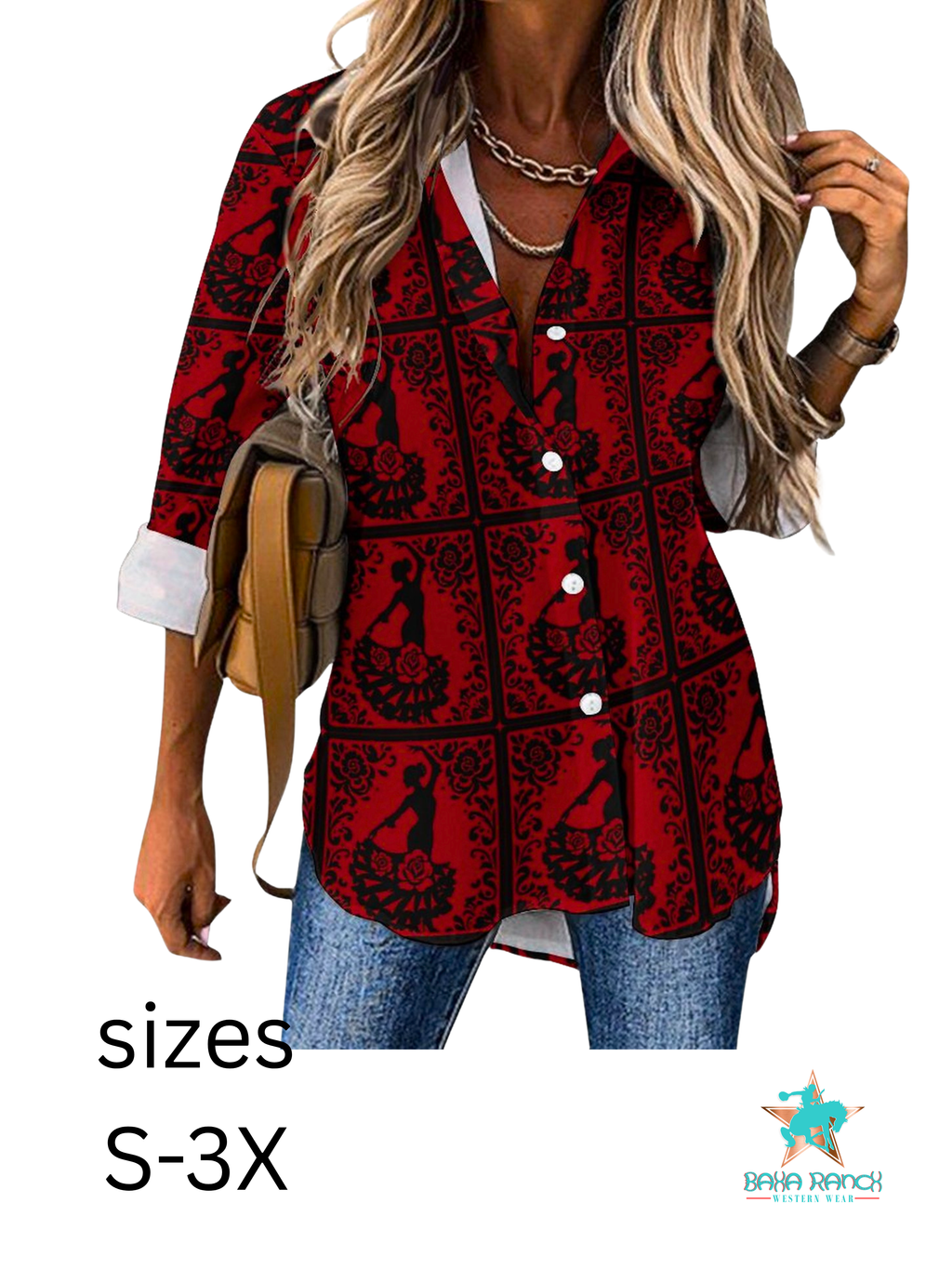 Baha Ranch Colores de Mexico Flamenco Floral Button Up Blouse