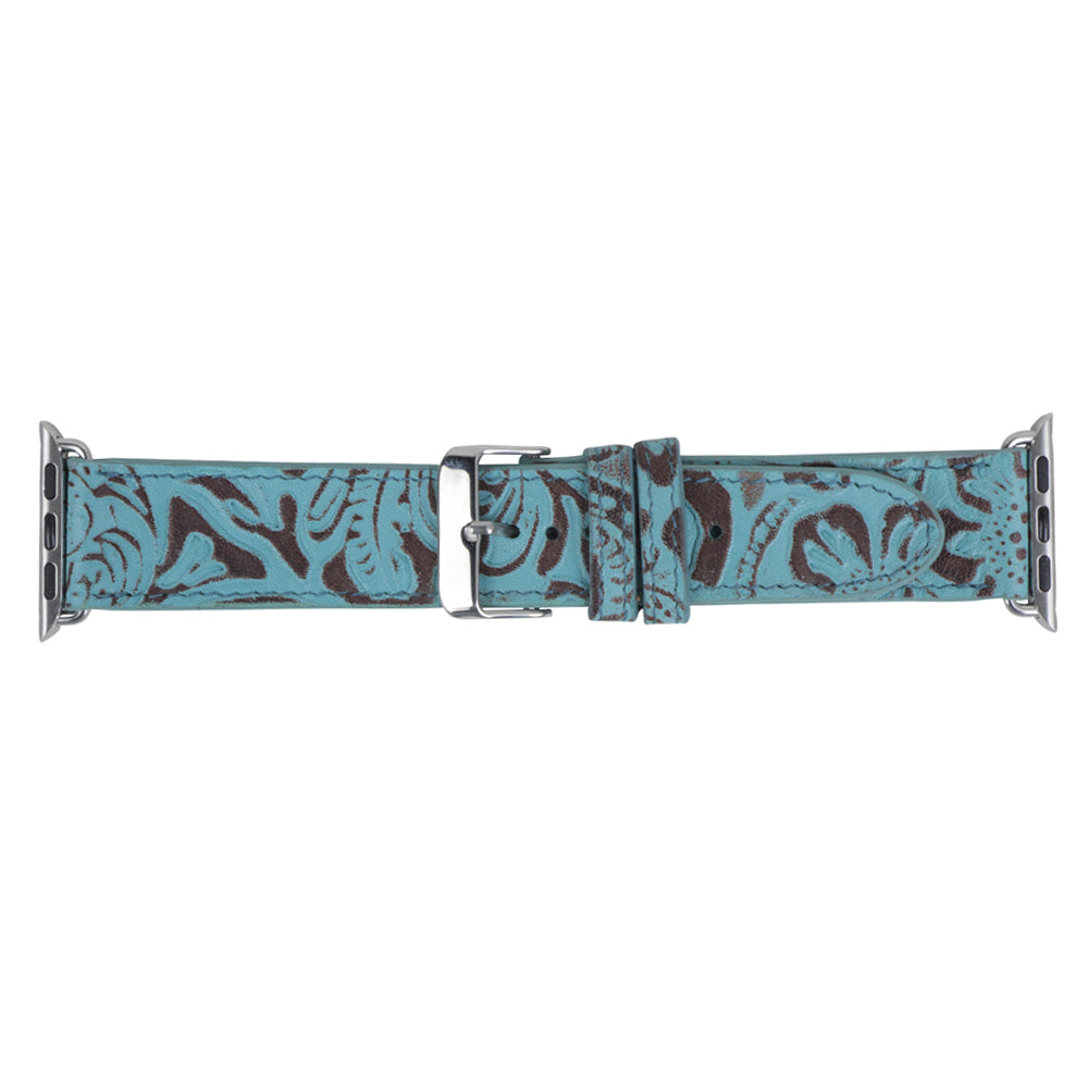 Myra Fister Turquoise Watch Band with genuine leather in turquoise with handtooled detail for everyday western