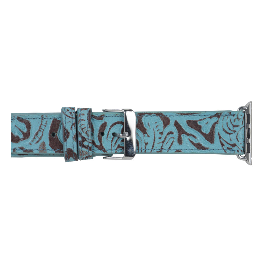 Myra Fister Turquoise Watch Band with genuine leather in turquoise with handtooled detail for everyday western