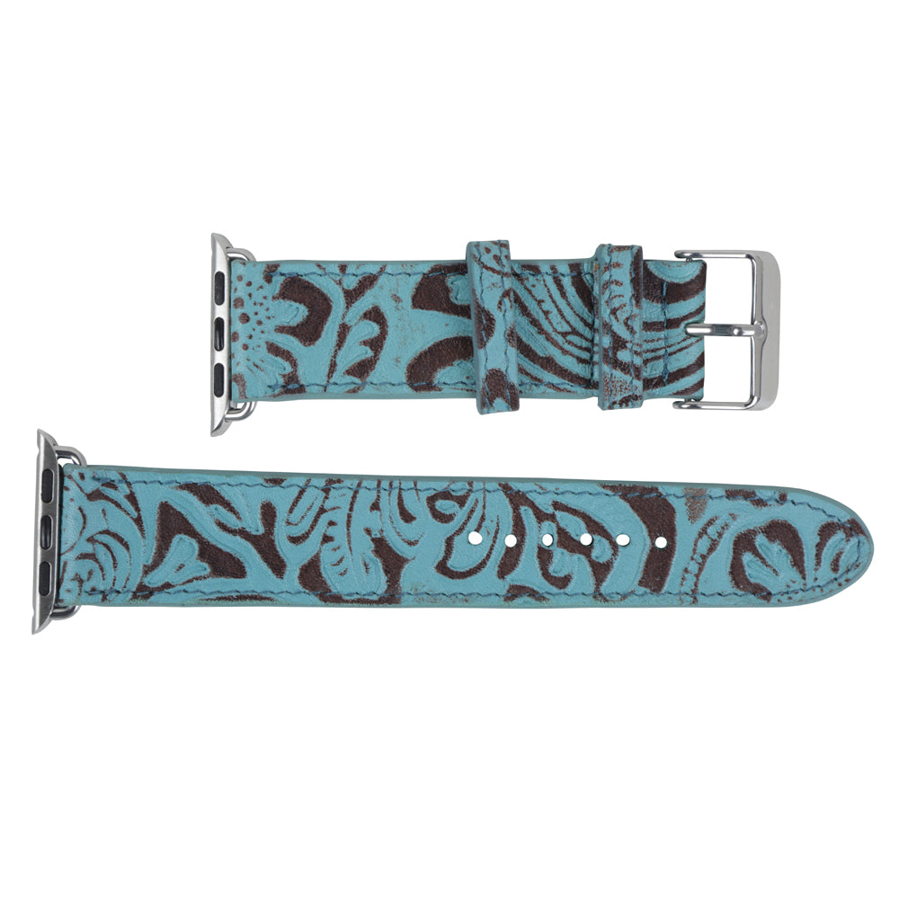 Myra Fister Turquoise Watch Band with genuine leather in turquoise with handtooled detail for everyday western
