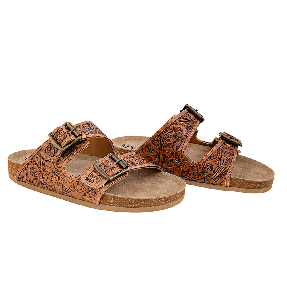 Myra Footo Western Sandals for Women with genuine leather in brown with handtooled detail for casual wear